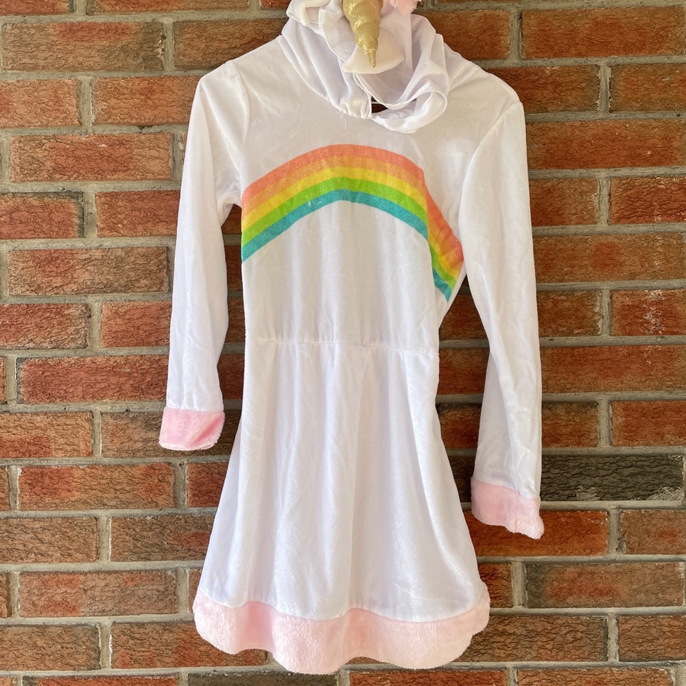 🎃 Unicorn Hoodie Dress Costume - White w/ Rainbow Design & Leg Warmers